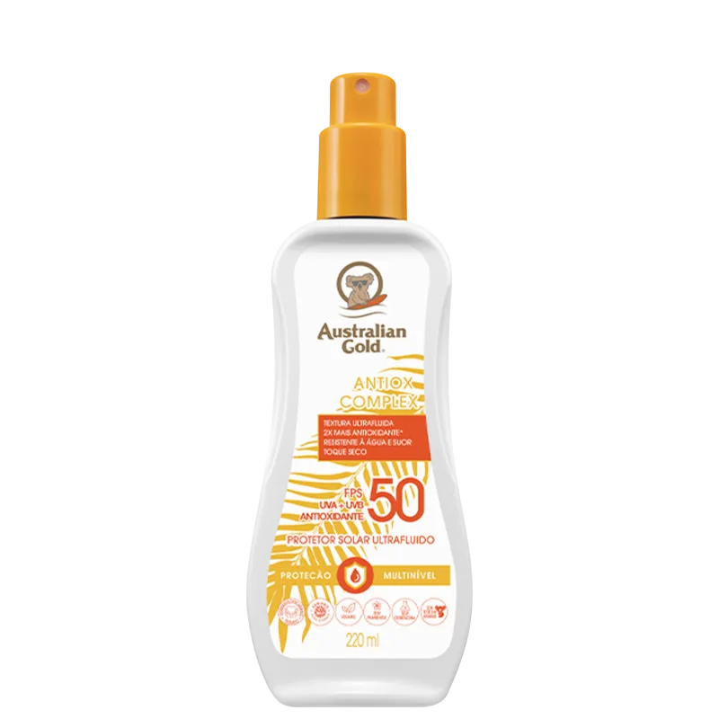 Protetor solar corporal para todos os tipos de pele. Australian Gold Antiox Complex Ultra Fluido FPS 50 entrega alta proteção e ação antioxidante