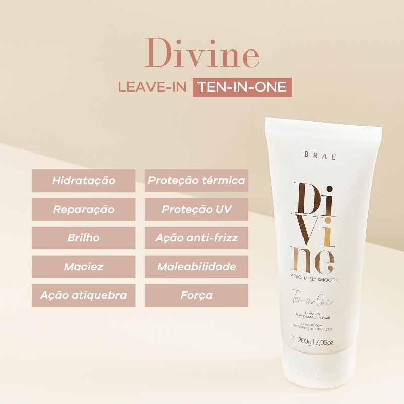 Banner BRAÉ Divine Ten in One é um leave-in para cabelos danificados que oferece 10 benefícios em um único produto.