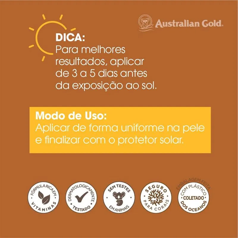  Spray Bronzeador Australian Gold Dark Tanning, para melhores resultados, aplicar de 3 a 5 dias antes da exposição ao sol.