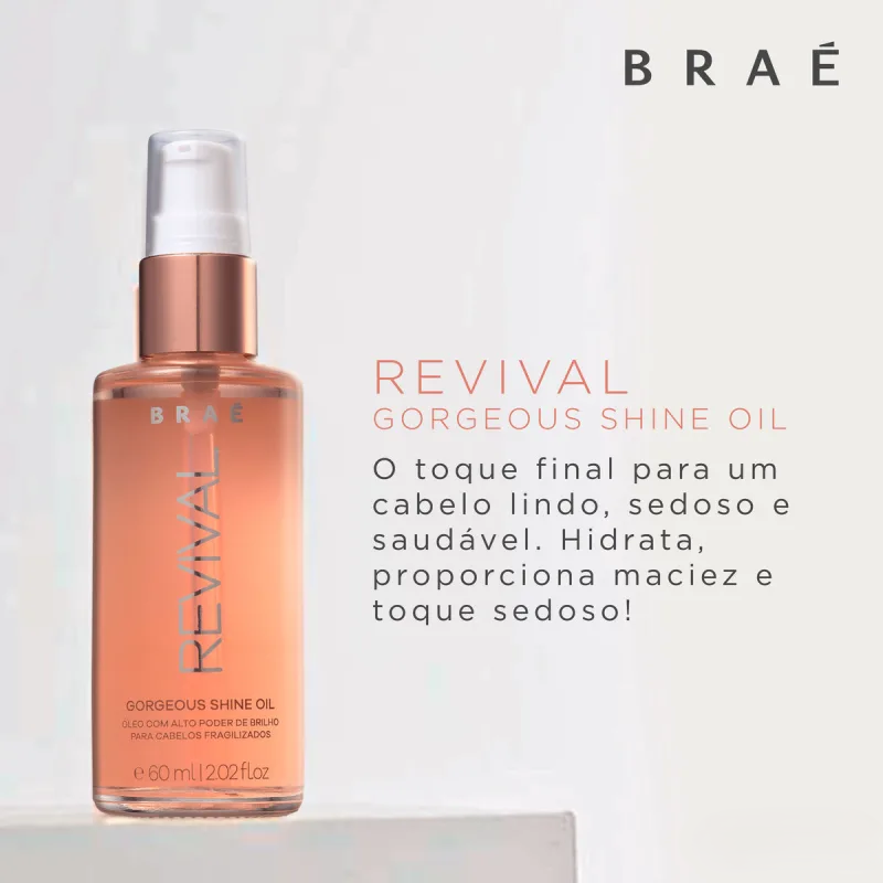 BRAÉ Revival Gorgeous Shine Oil nutre e fortalece as pontas, além de devolver a vitalidade aos fios.