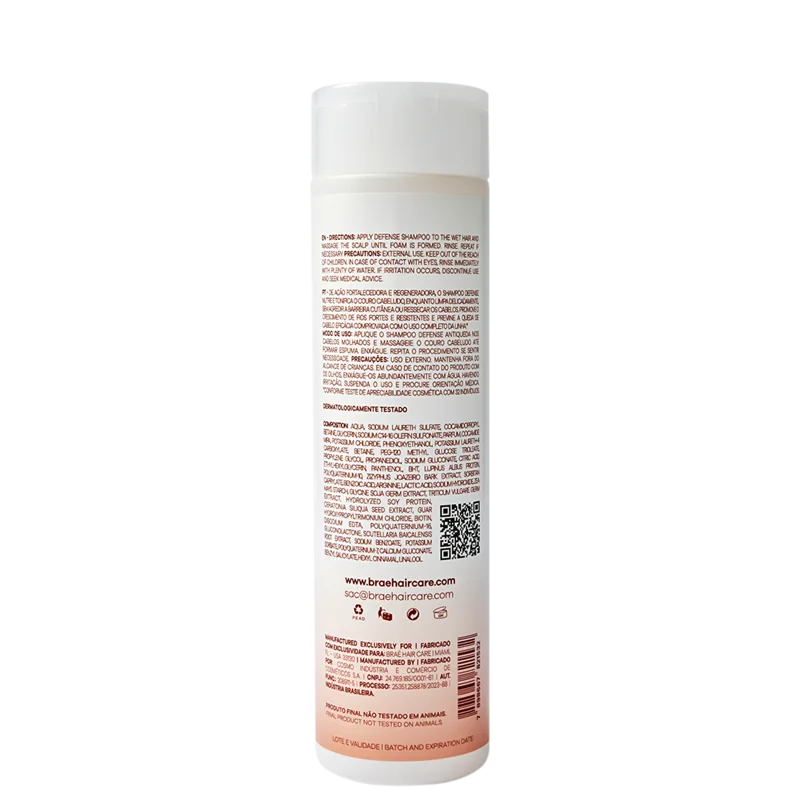 Shampoo para cabelos danificados e quebradiços. Braé Defense Anti Hair Loss remove todos os resíduos dos fios, enquanto os fortalece.